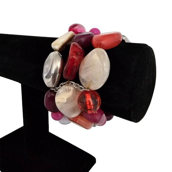 Vintage 1990s Multi Strand Beaded Bracelet Stones Shades of Red and Pink - Picture 1 of 3